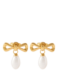Edge of Ember Bow Pearl Stud Drop Earrings, Gold