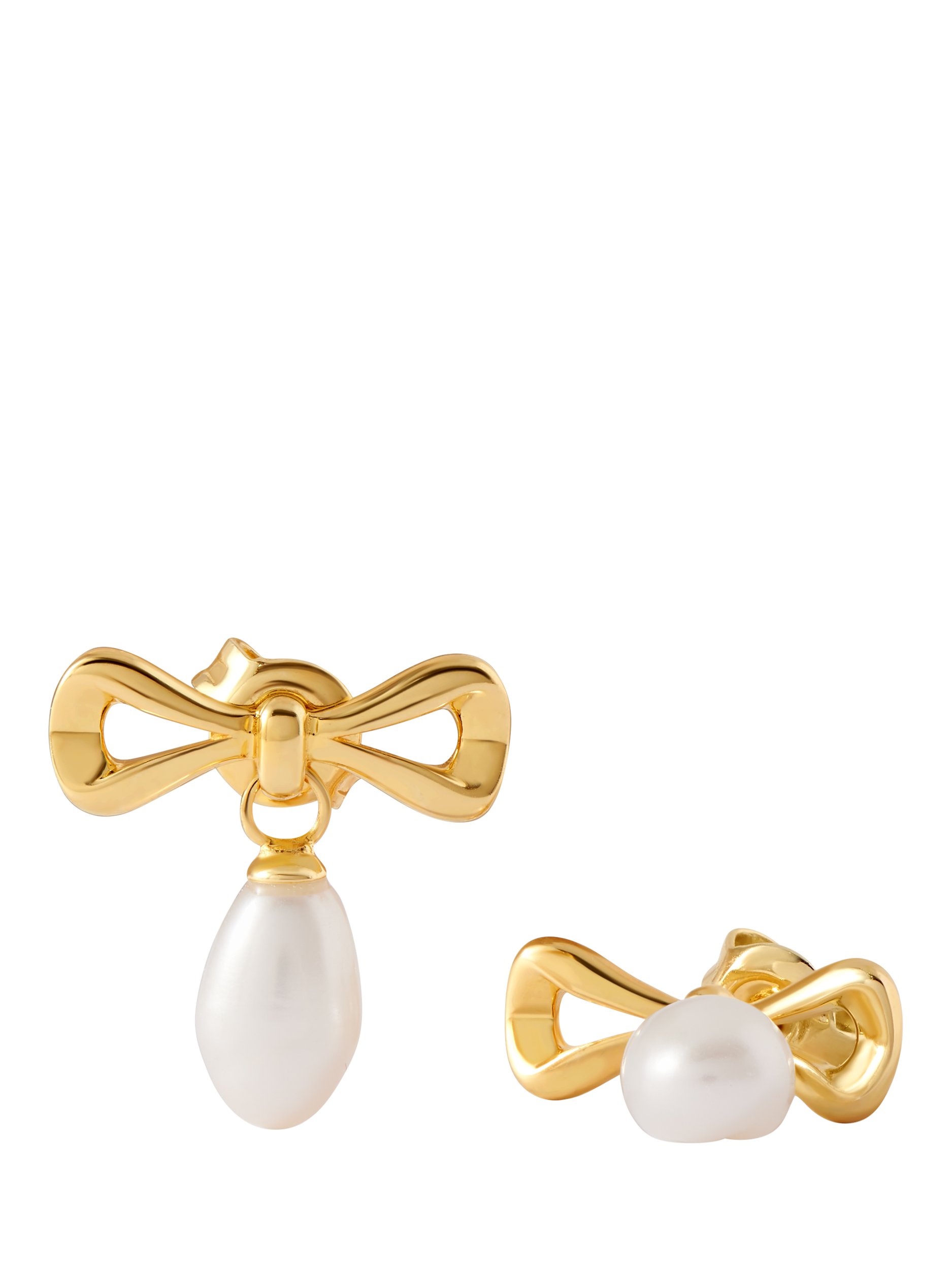 Product image 3 of 6, which shows Edge of Ember Bow Pearl Stud Drop Earrings, Gold