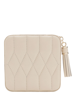 WOLF Caroline Quilted Leather Zip Travel Jewellery Case, Ivory