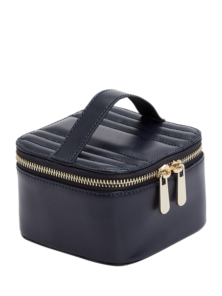 WOLF Maria Quilted Leather Zip Jewellery Cube - view 2, Navy