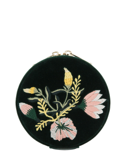 WOLF Zoe Velvet Round Travel Jewellery Case, Forest Green