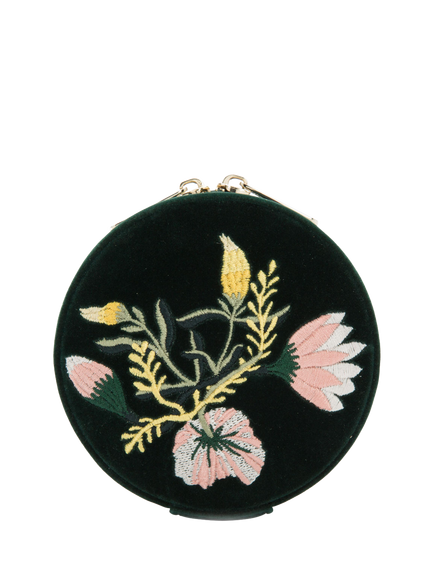 WOLF Zoe Velvet Round Travel Jewellery Case, Forest Green