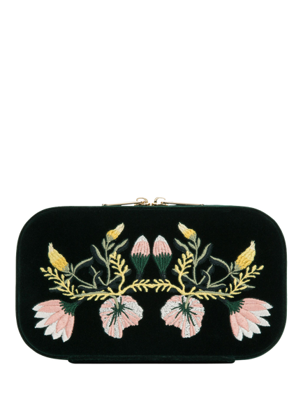 WOLF Zoe Velvet Rectangular Travel Jewellery Case, Forest Green