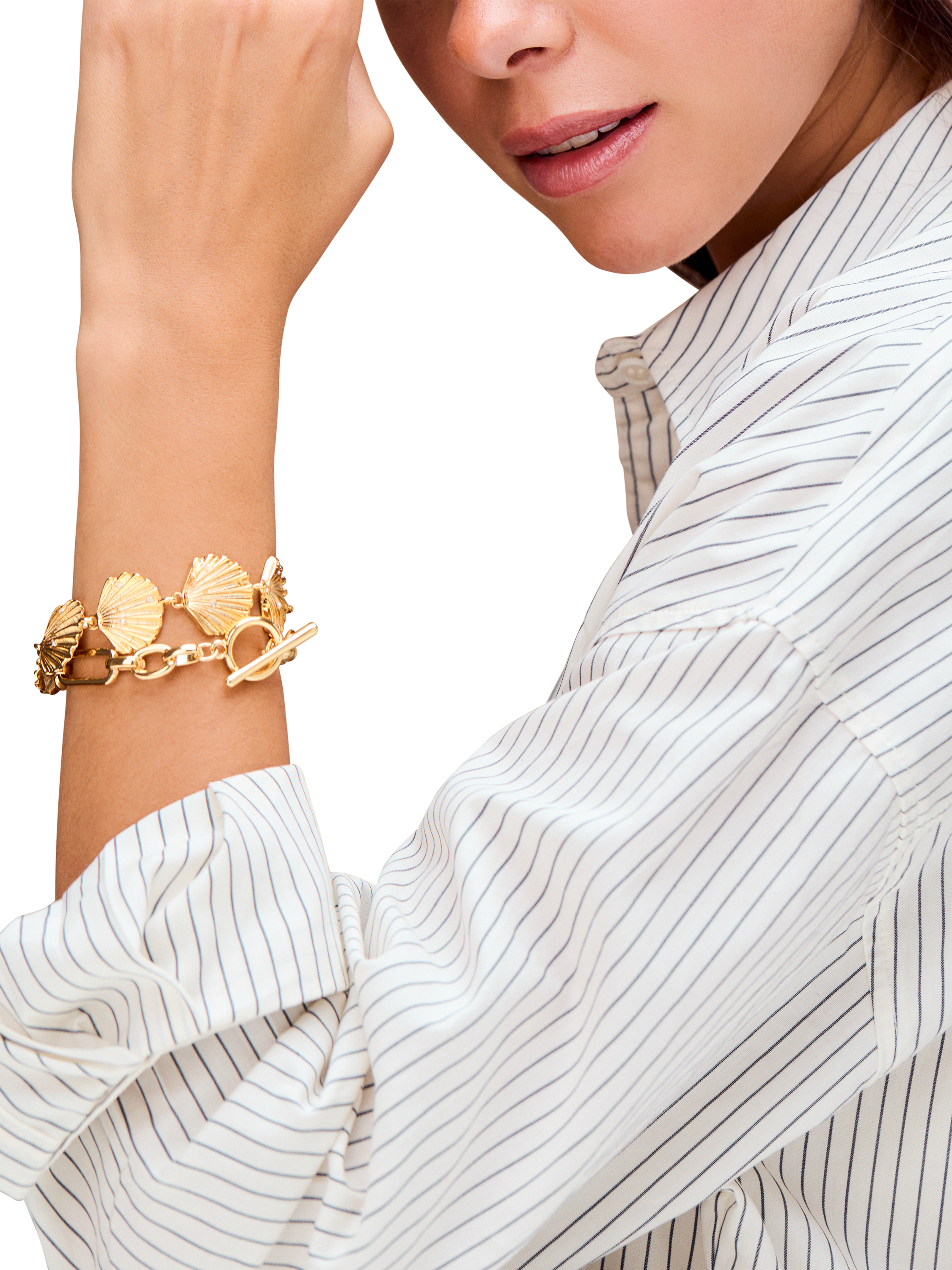 Product image 2 of 3, which shows Orelia Statement Embellished Shell Bracelet, Gold