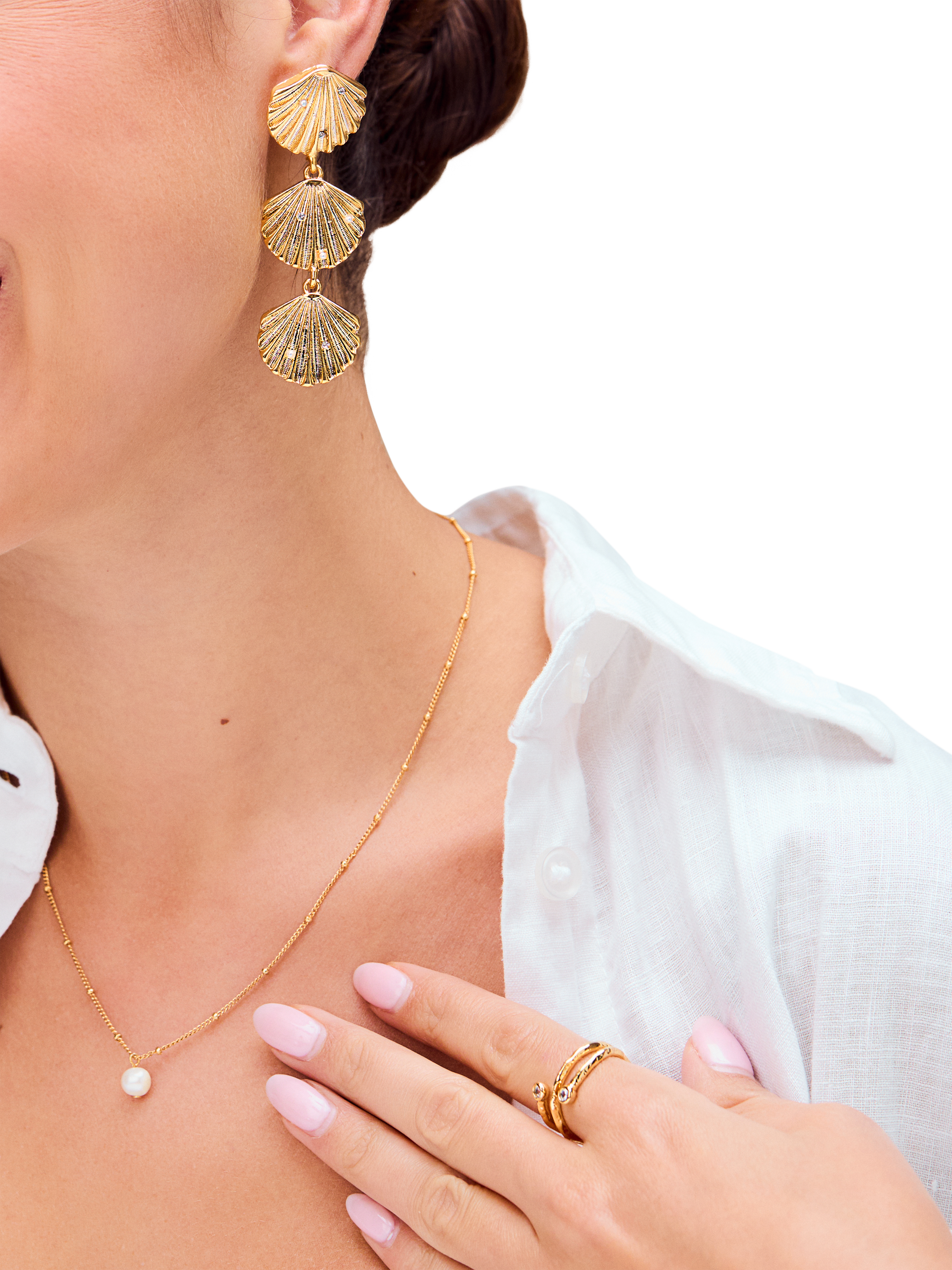 Product image 2 of 2, which shows Orelia Statement Shell Stud Drop Earrings, Gold