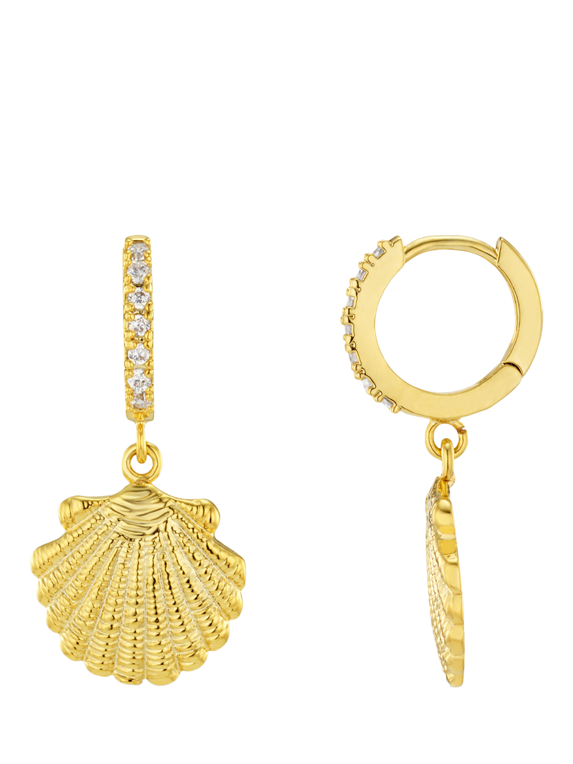 Product image 1 of 3, which shows Orelia Shell Pave Huggie Hoop Earrings, Gold