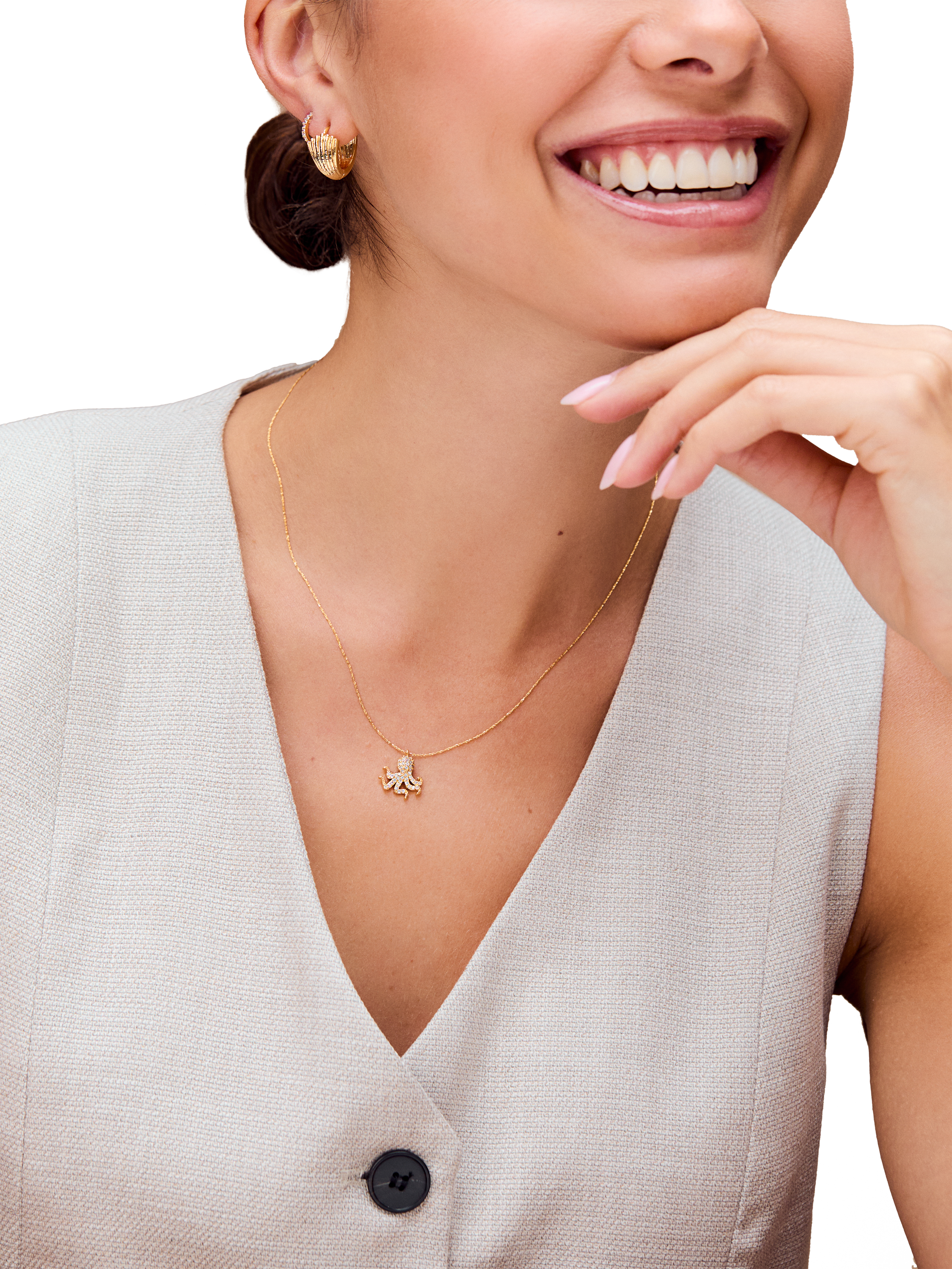 Product image 2 of 3, which shows Orelia Textured Fan Small Hoop Earrings, Gold