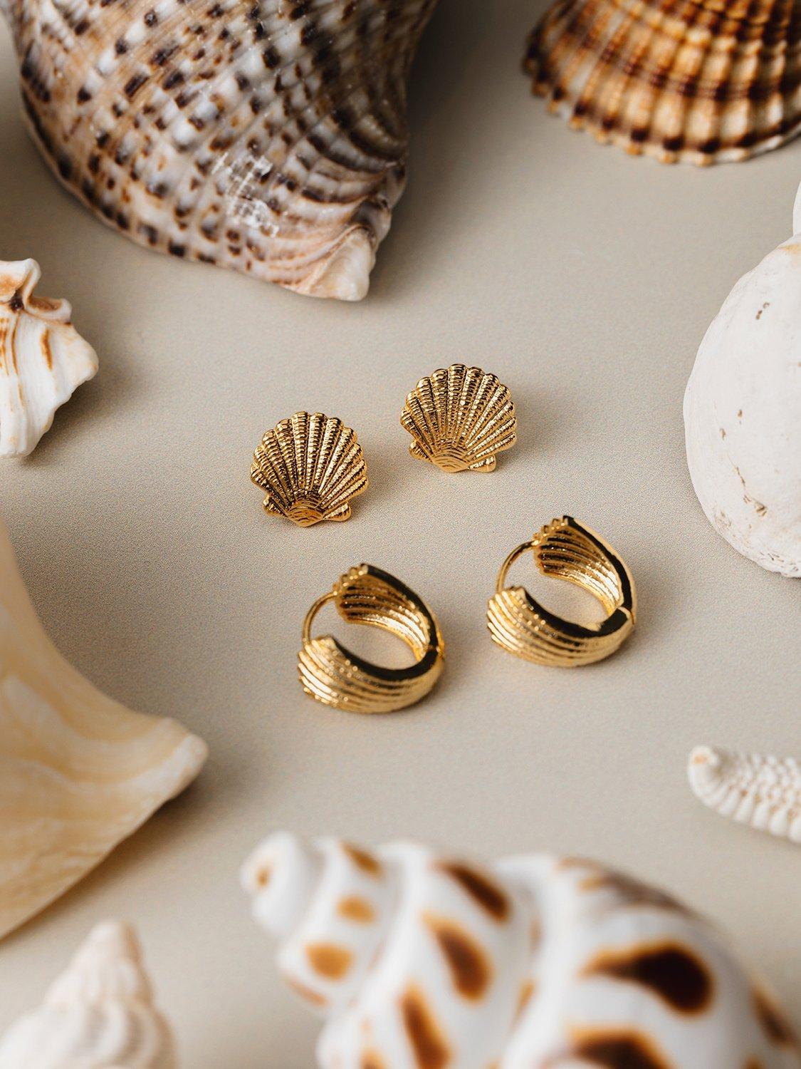 Product image 3 of 3, which shows Orelia Textured Fan Small Hoop Earrings, Gold