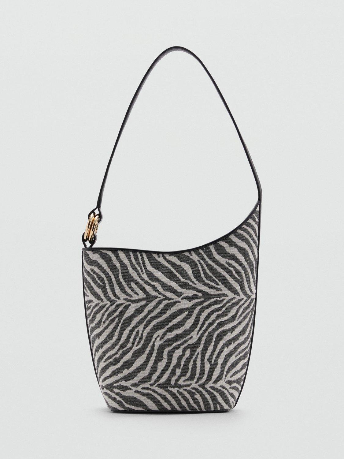 Mango Zebi Large Zebra Print Asymmetric Bucket Bag, Black
