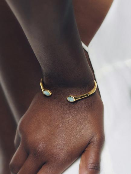 Monica Vinader Gemstone Cuff Bracelet, Gold/Blue, L - view 2, Gold/Blue