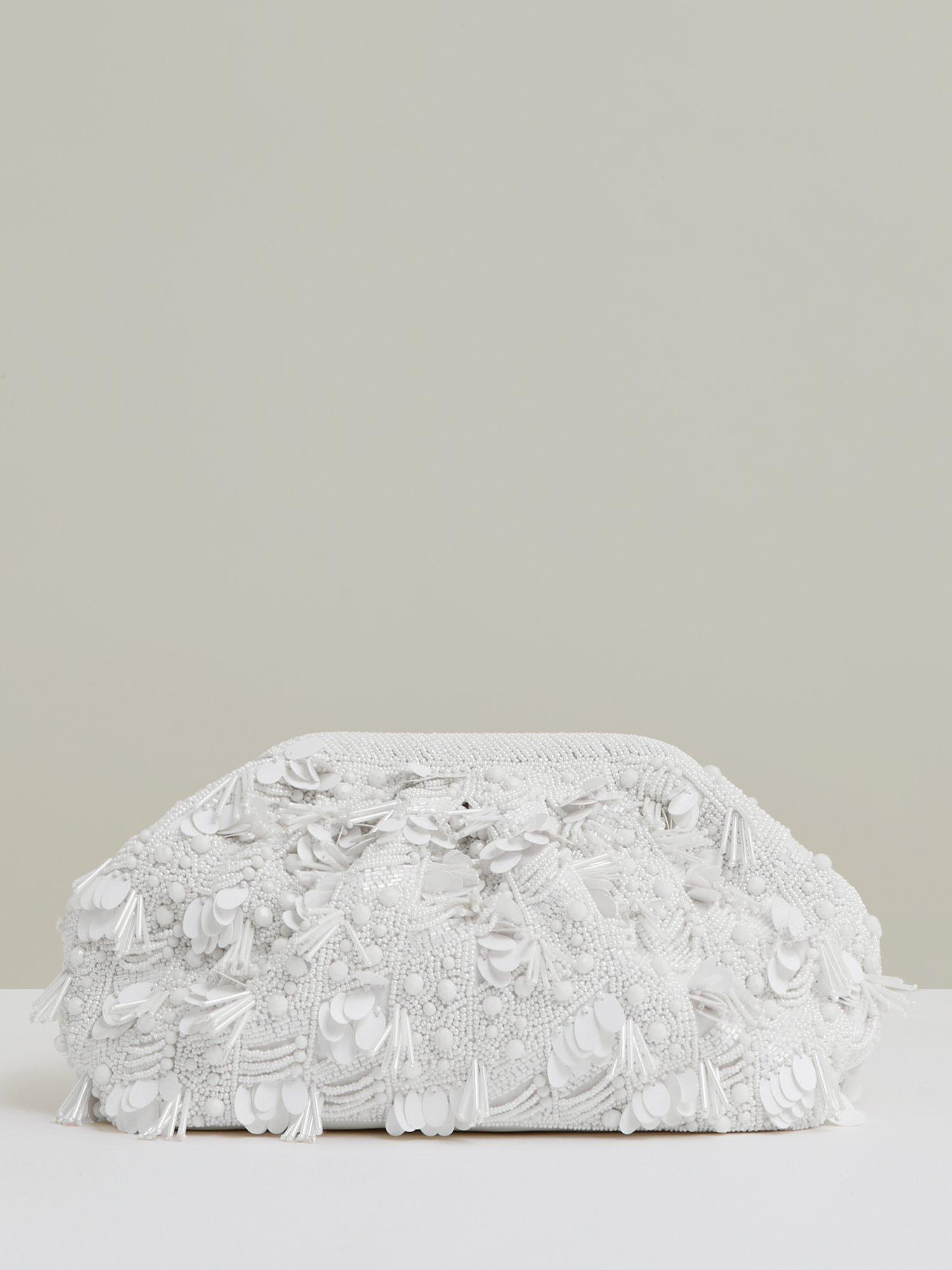 Product image 1 of 5, which shows Reiss Edith Embellished Clutch Bag, White