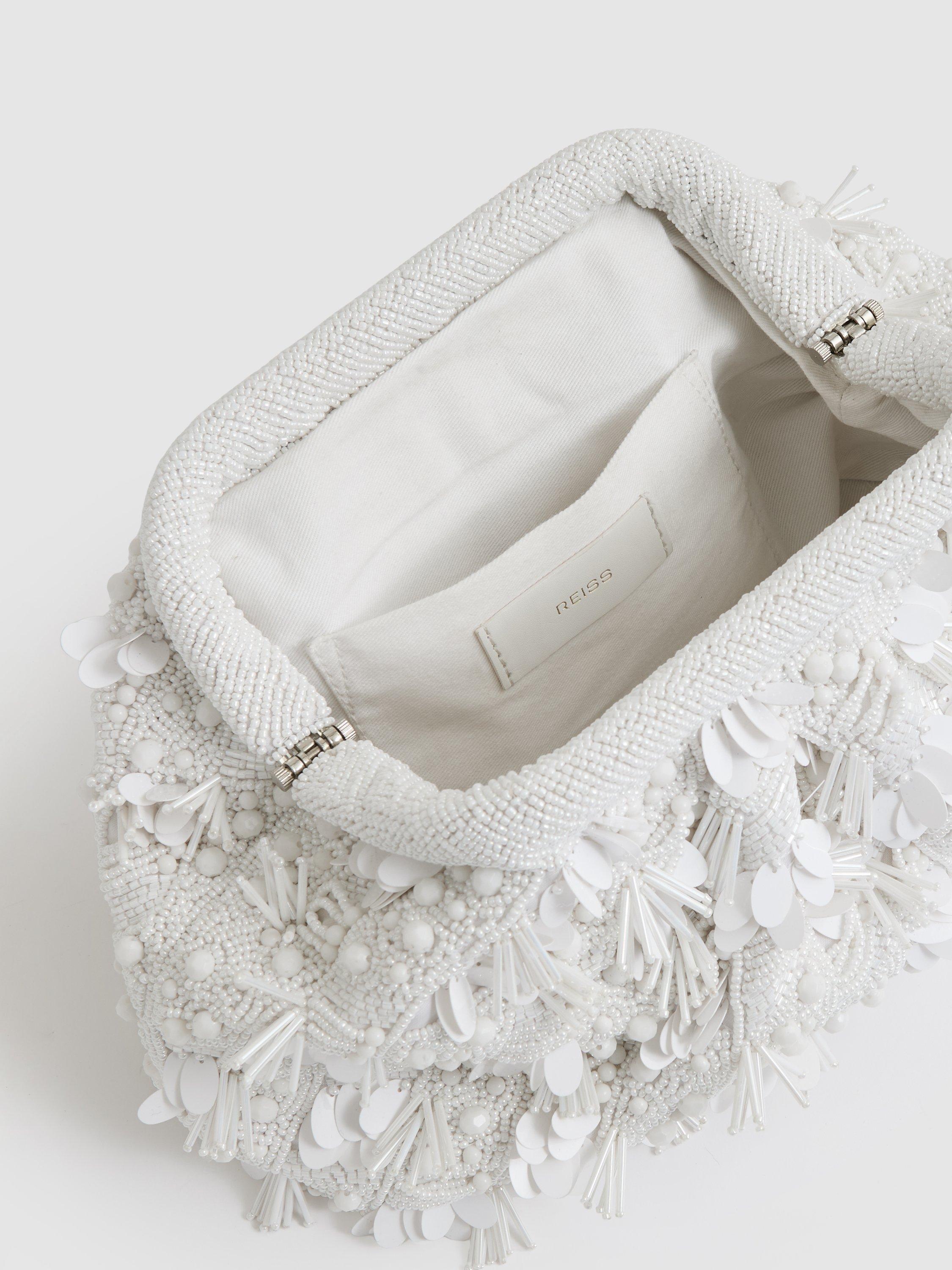Product image 4 of 5, which shows Reiss Edith Embellished Clutch Bag, White