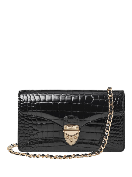 Aspinal of London Mayfair Leather Patent Croc Clutch Bag, Black, Black