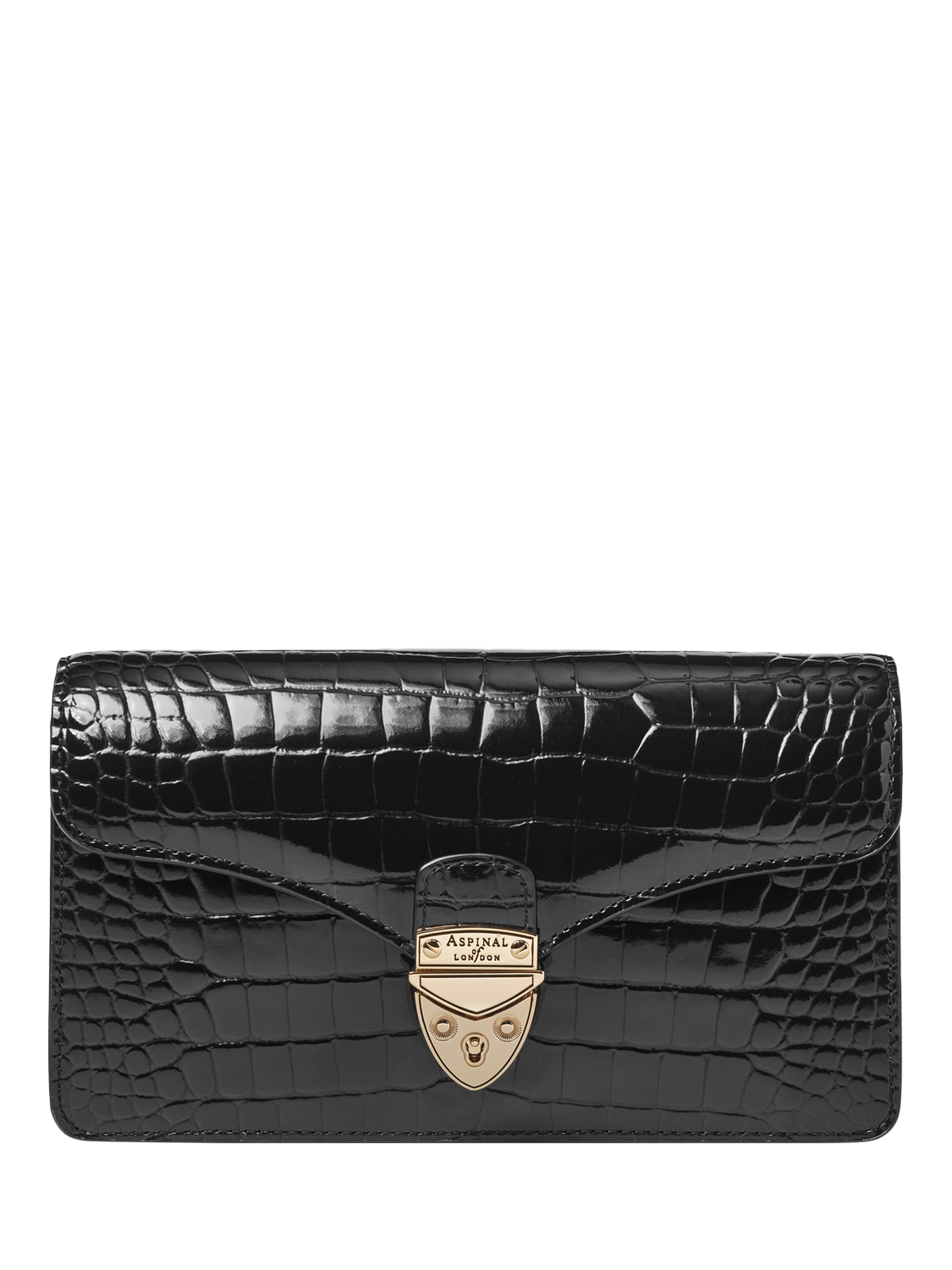 Product image 2 of 7, which shows Aspinal of London Mayfair Leather Patent Croc Clutch Bag, Black