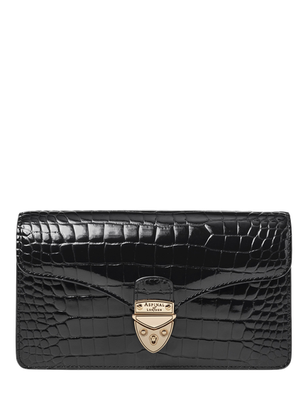 Aspinal of London Mayfair Leather Patent Croc Clutch Bag, Black - view 2, Black