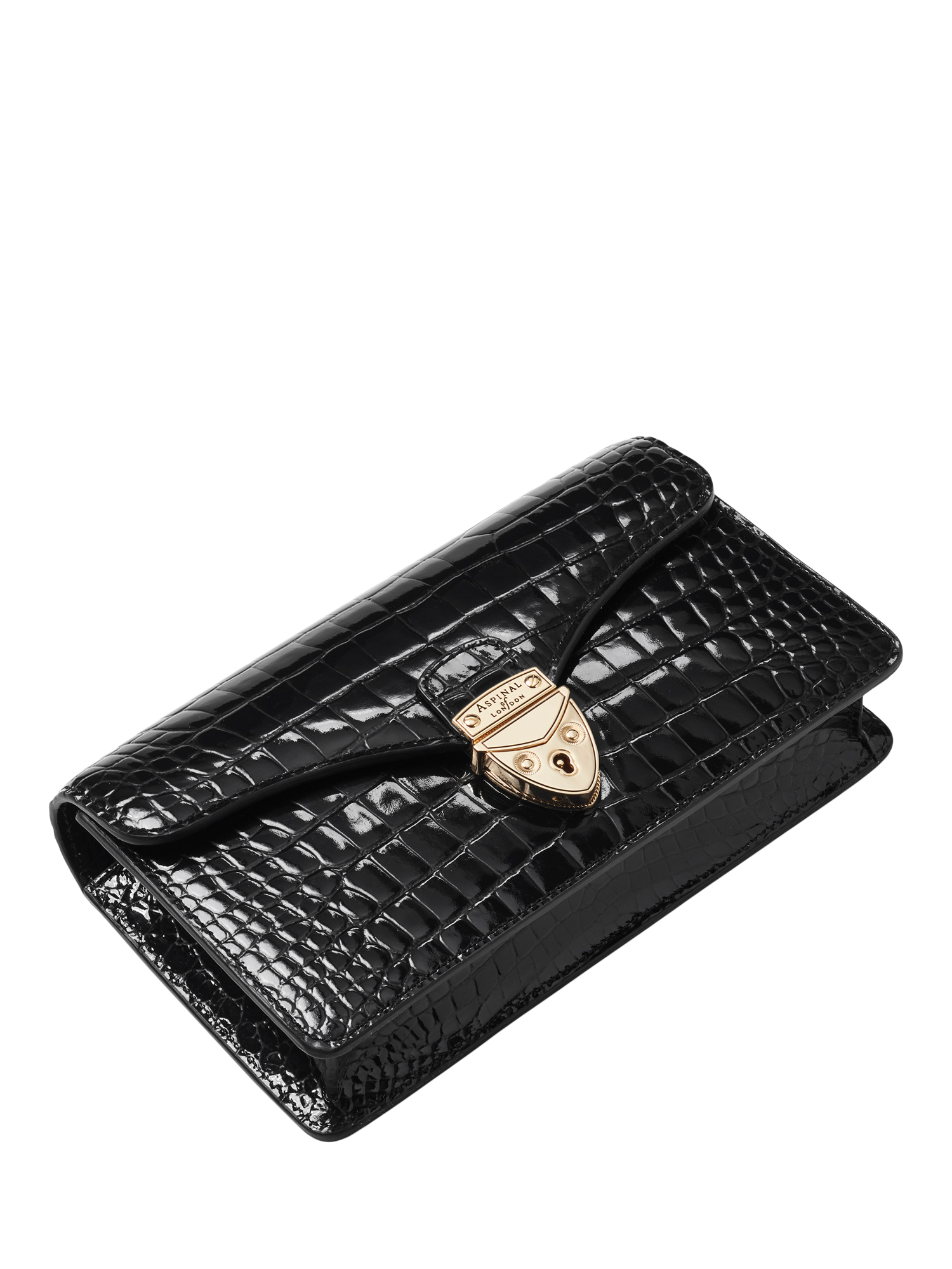 Product image 4 of 7, which shows Aspinal of London Mayfair Leather Patent Croc Clutch Bag, Black