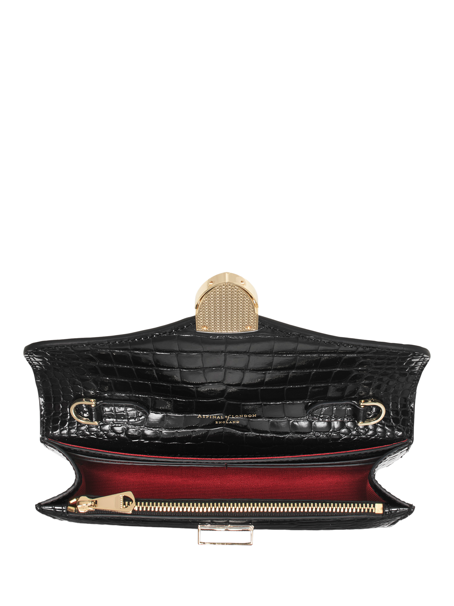 Product image 7 of 7, which shows Aspinal of London Mayfair Leather Patent Croc Clutch Bag, Black