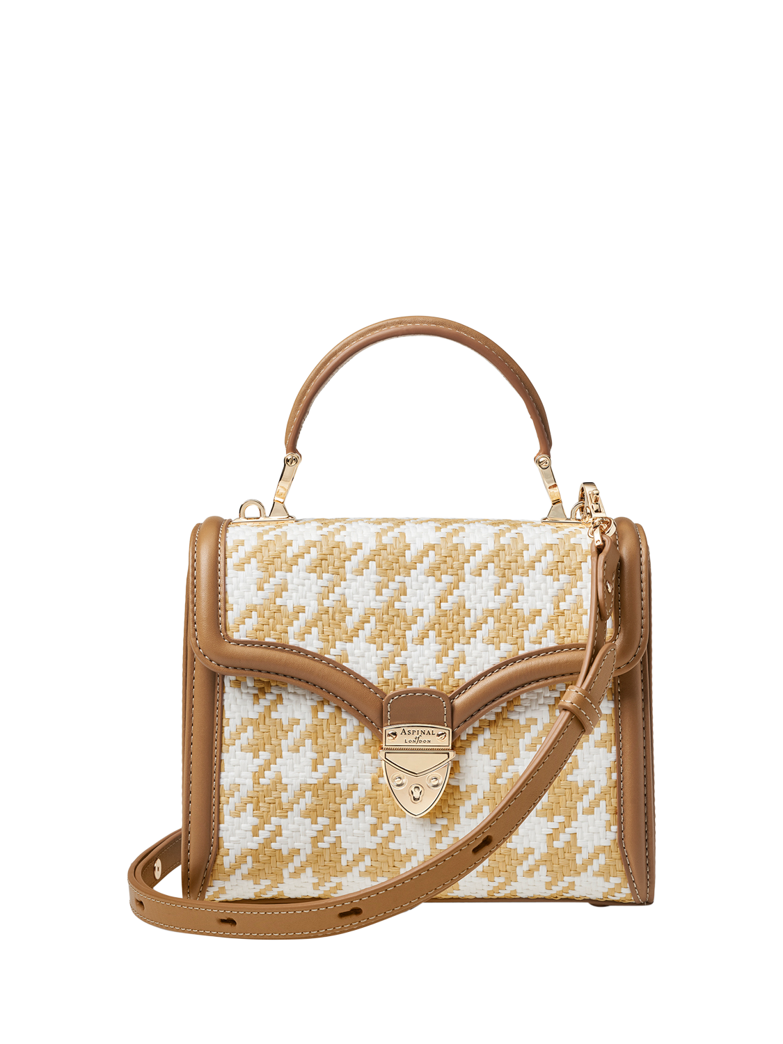 Aspinal of London Mayfair Midi Raffia Houndstooth Grab Bag. Neutral