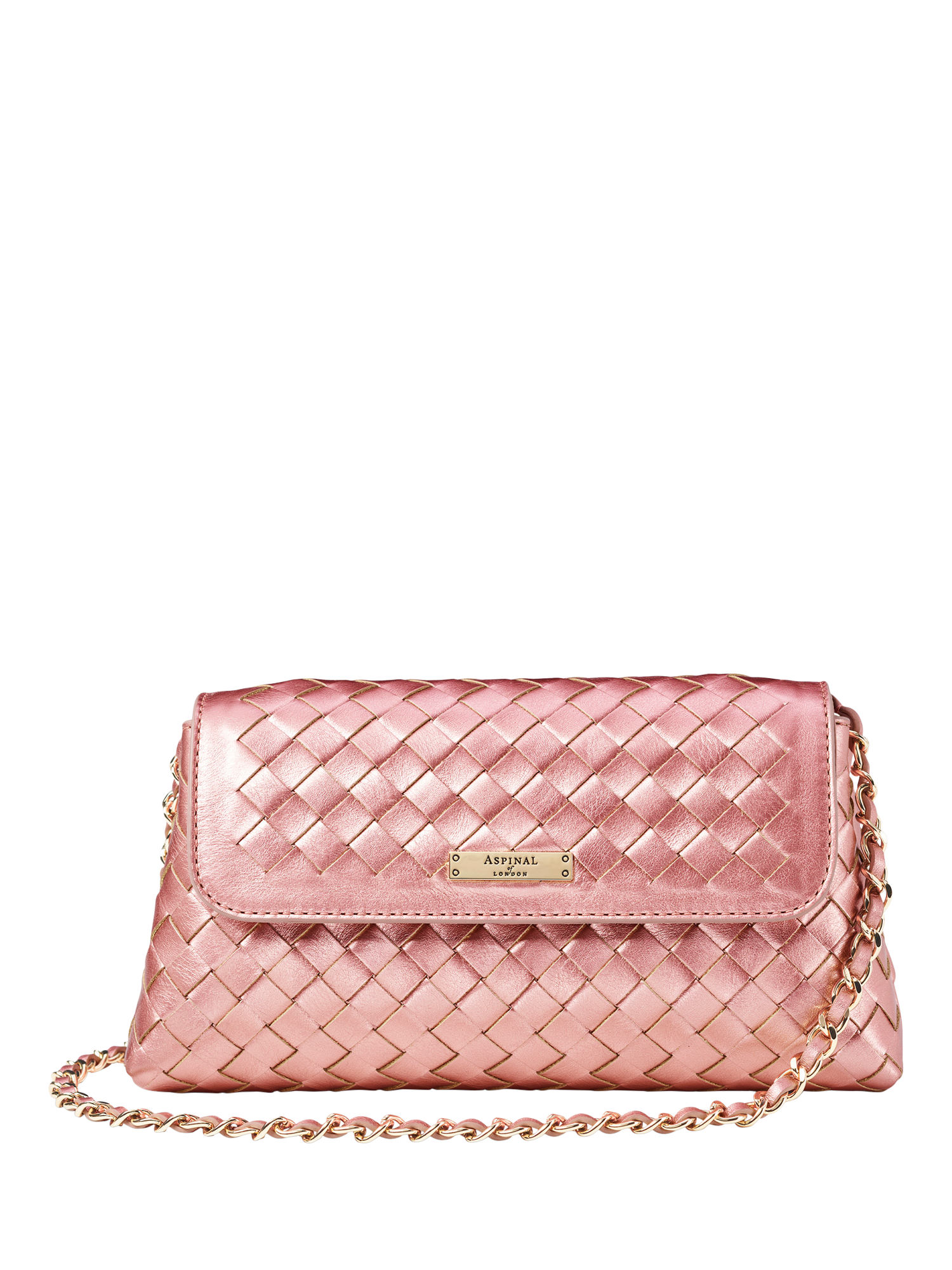 Product image 1 of 5, which shows Aspinal of London Sunrise Sunset Leather Slot Weave Clutch Bag, Pink Metallic