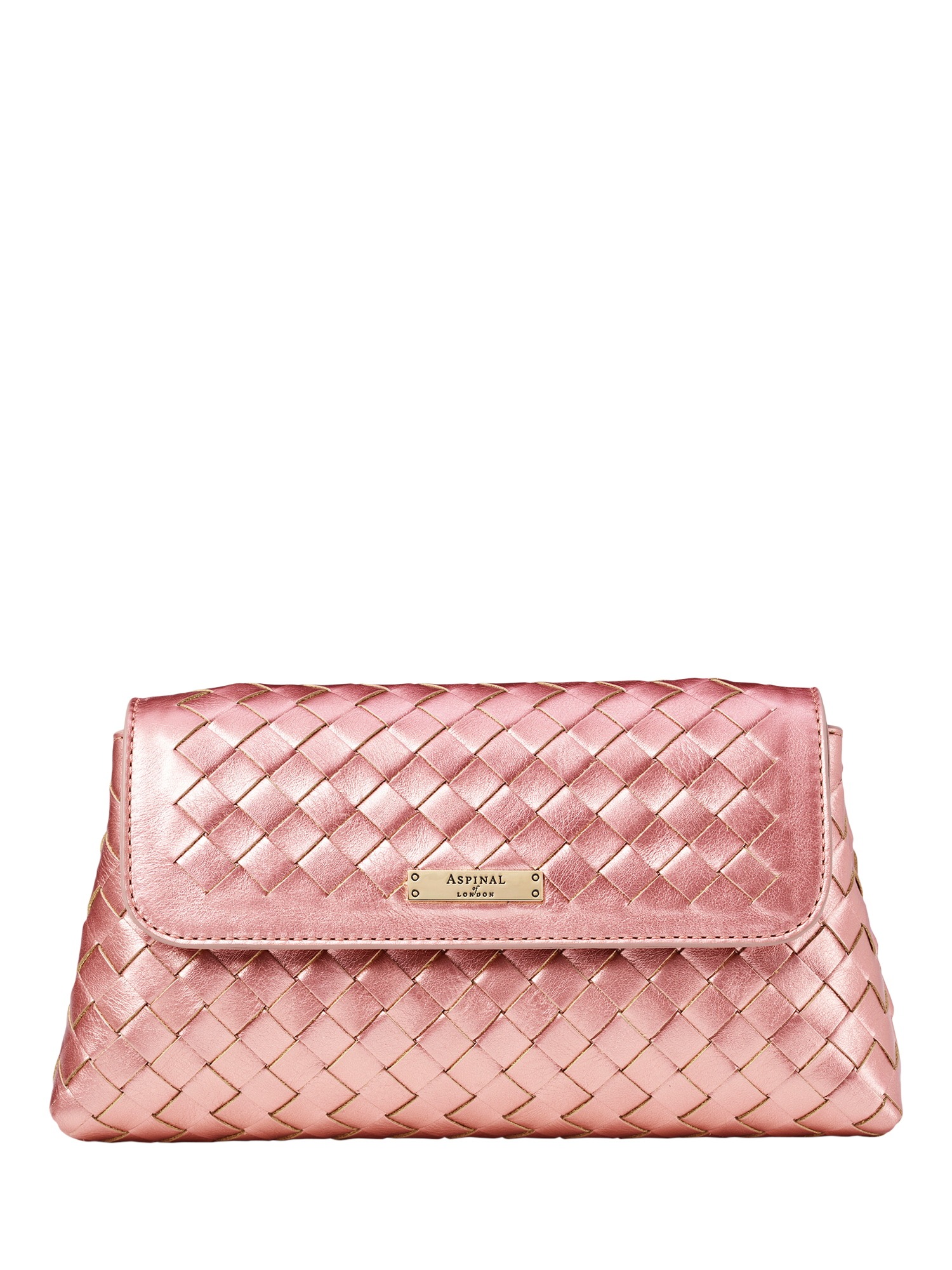 Product image 2 of 5, which shows Aspinal of London Sunrise Sunset Leather Slot Weave Clutch Bag, Pink Metallic