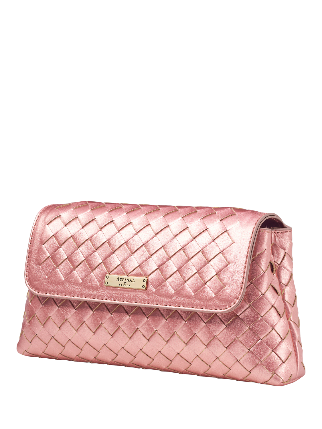 Product image 4 of 5, which shows Aspinal of London Sunrise Sunset Leather Slot Weave Clutch Bag, Pink Metallic