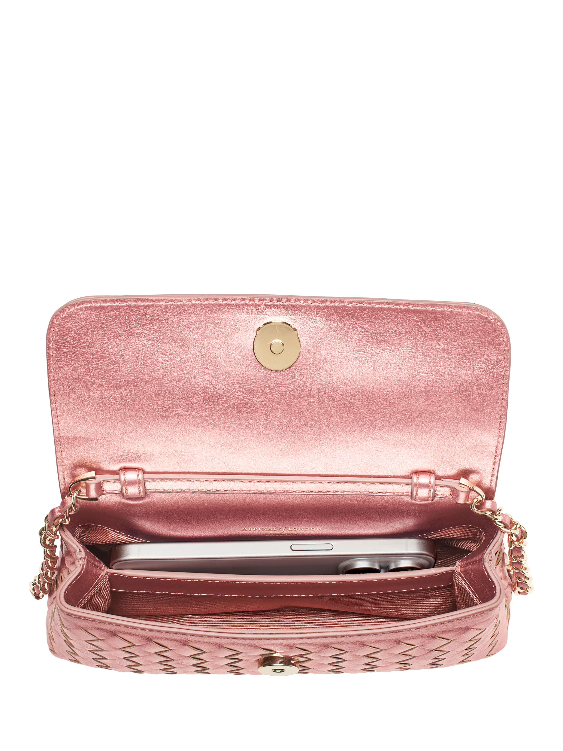 Product image 5 of 5, which shows Aspinal of London Sunrise Sunset Leather Slot Weave Clutch Bag, Pink Metallic