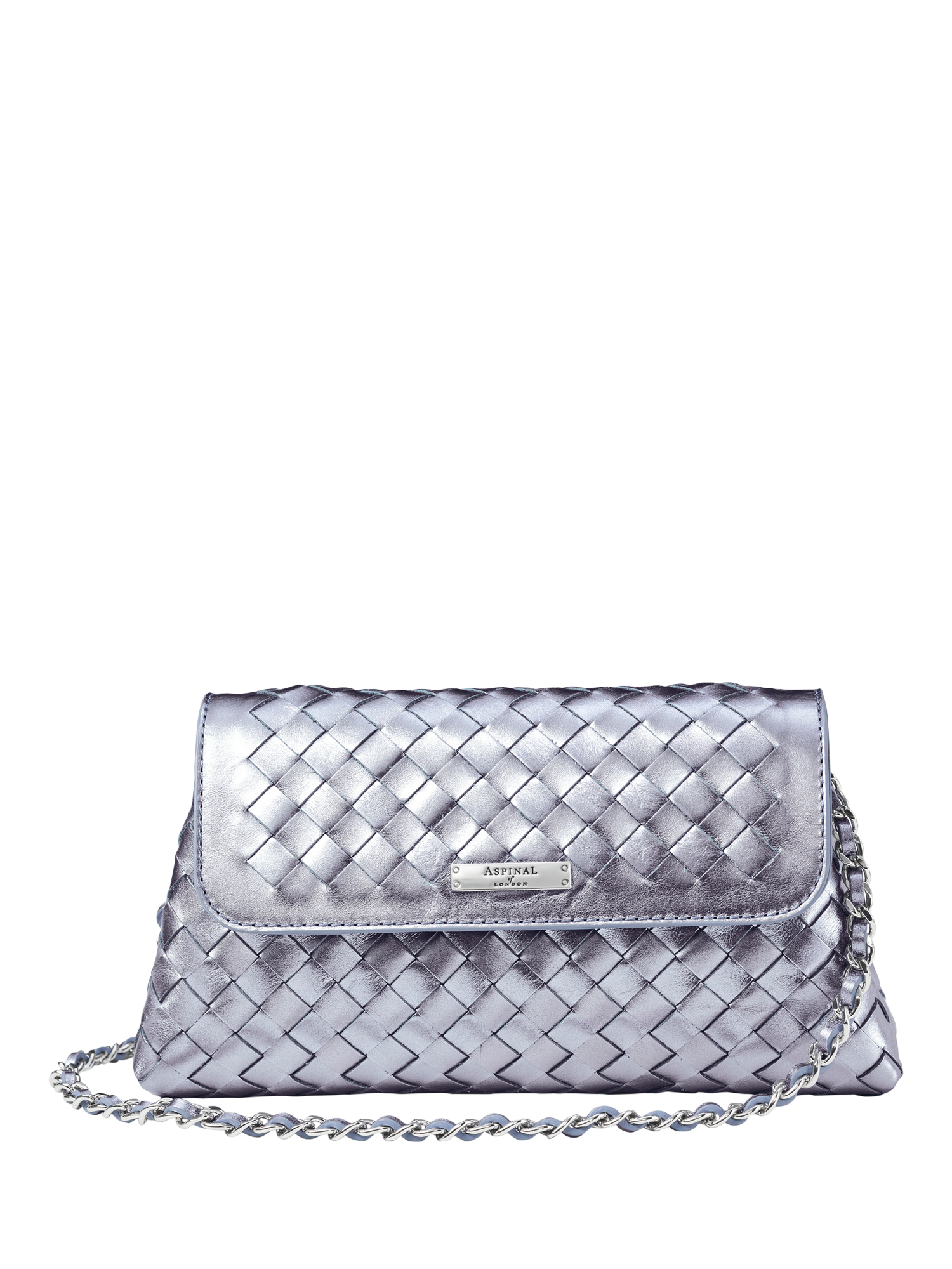 Product image 1 of 5, which shows Aspinal of London Sunrise Sunset Leather Slot Weave Clutch Bag, Blue Metallic