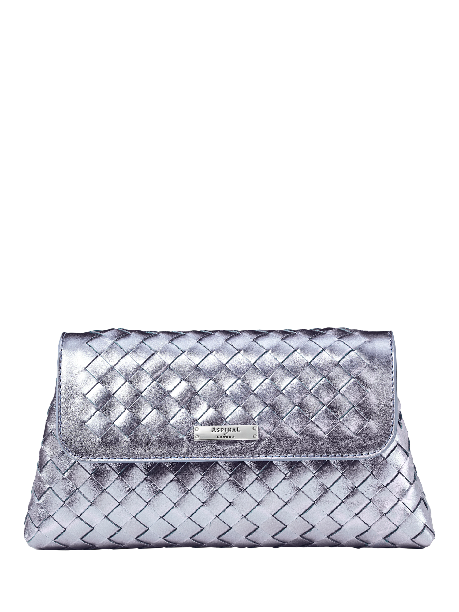 Product image 2 of 5, which shows Aspinal of London Sunrise Sunset Leather Slot Weave Clutch Bag, Blue Metallic