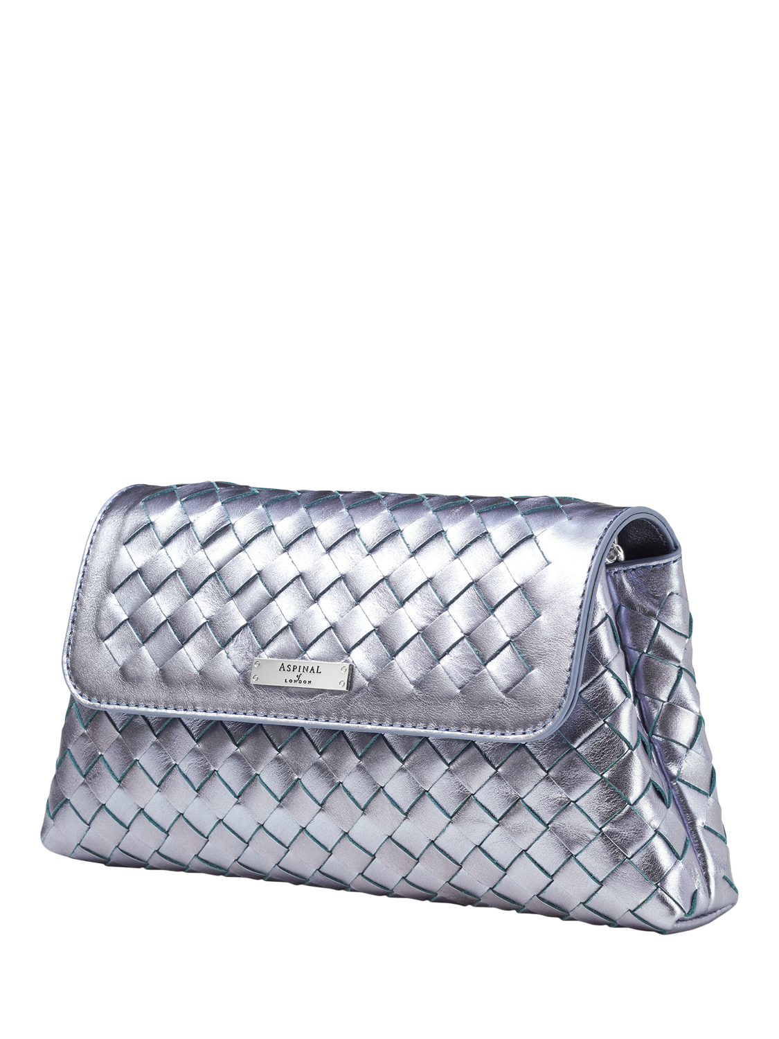 Product image 4 of 5, which shows Aspinal of London Sunrise Sunset Leather Slot Weave Clutch Bag, Blue Metallic