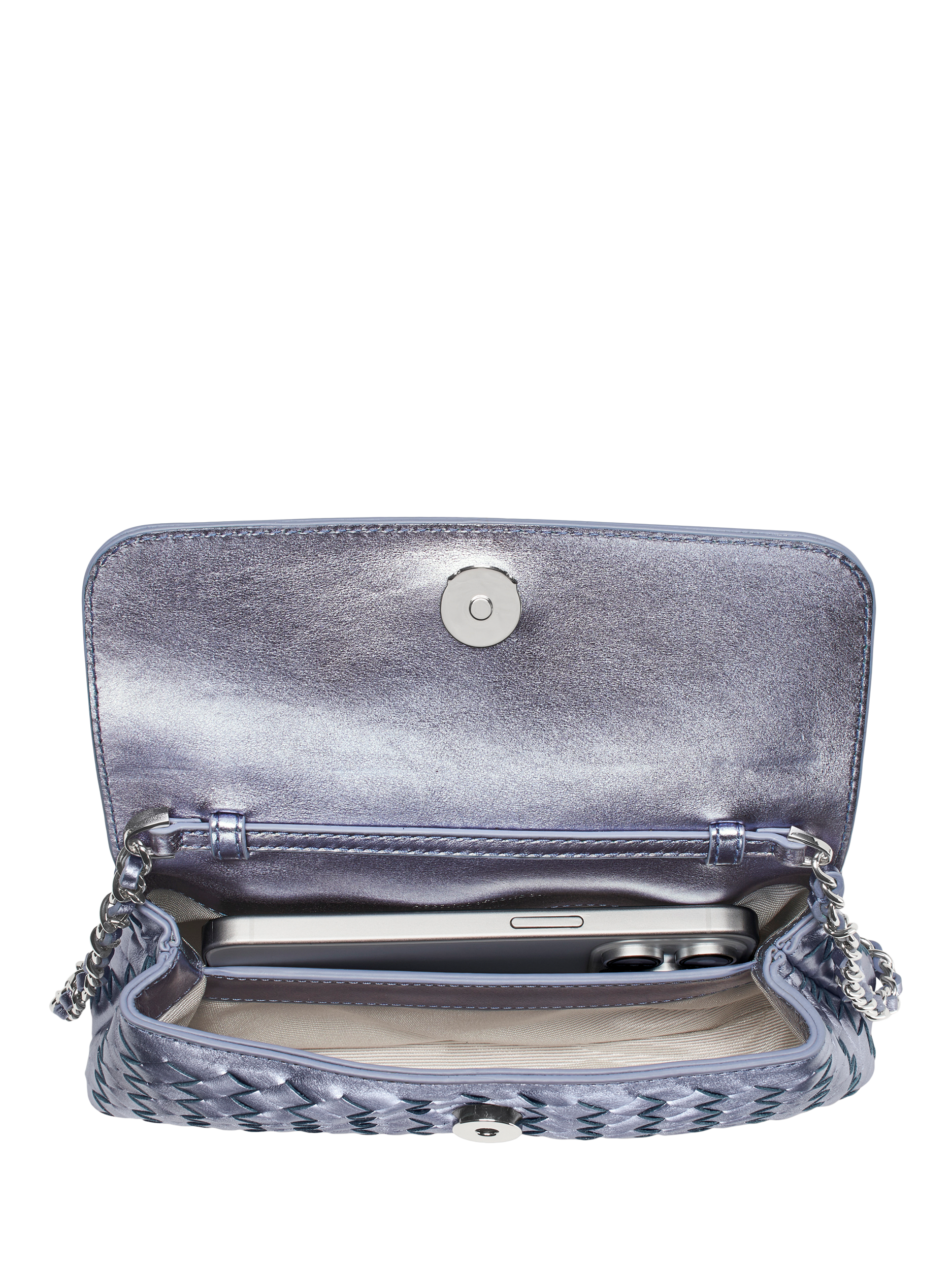 Product image 5 of 5, which shows Aspinal of London Sunrise Sunset Leather Slot Weave Clutch Bag, Blue Metallic