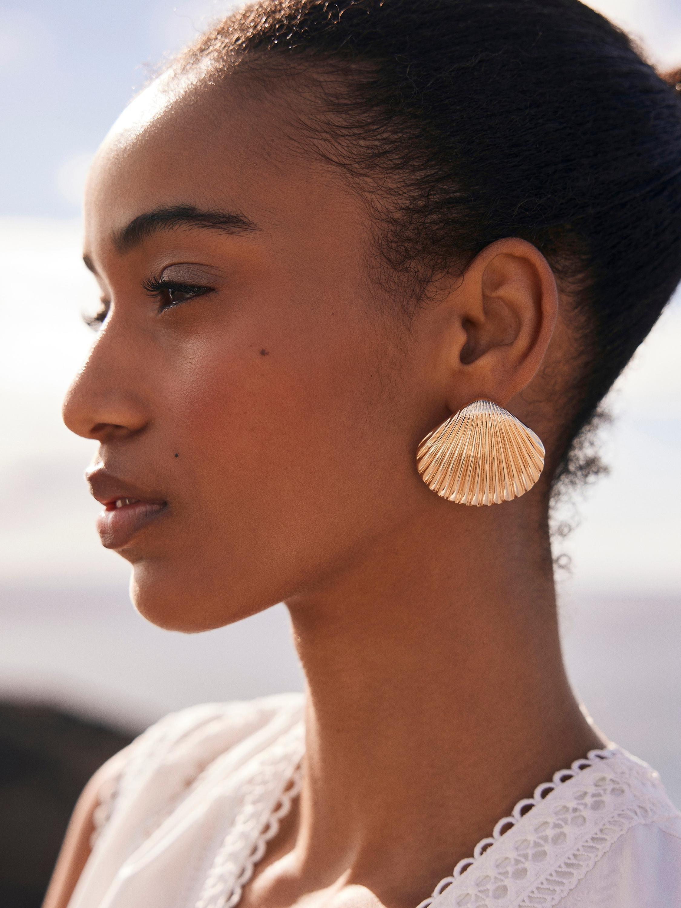 Product image 2 of 4, which shows Mint Velvet Statement Shell Earrings, Gold
