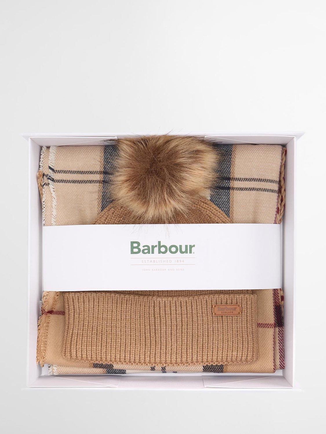 Product image 1 of 9, which shows Barbour Dover Beanie Hat & Hailes Scarf Gift Set, Brown/Multi