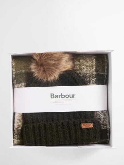 Barbour Saltburn Beanie & Scarf Gift Set, Green/Multi
