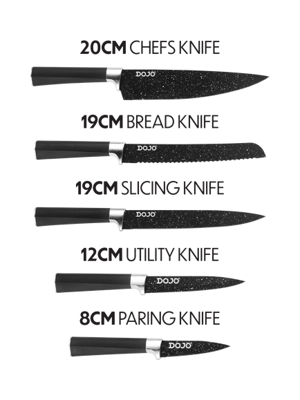 Dojo Yumi Universal Knife Block Filled with 5 Non-Stick Kitchen Knives - view 2, Black