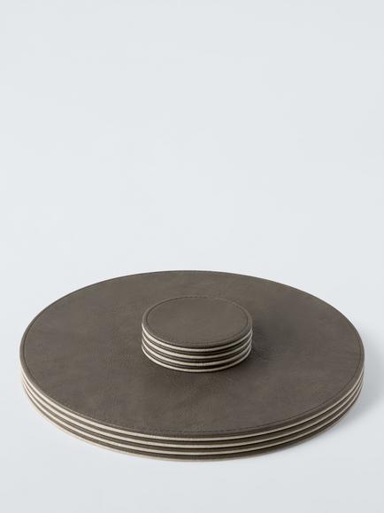 John Lewis Reversible Round Faux Leather Placemat & Coaster, Set of 4, Cocoa/Latte - view 2, Cocoa/Sage
