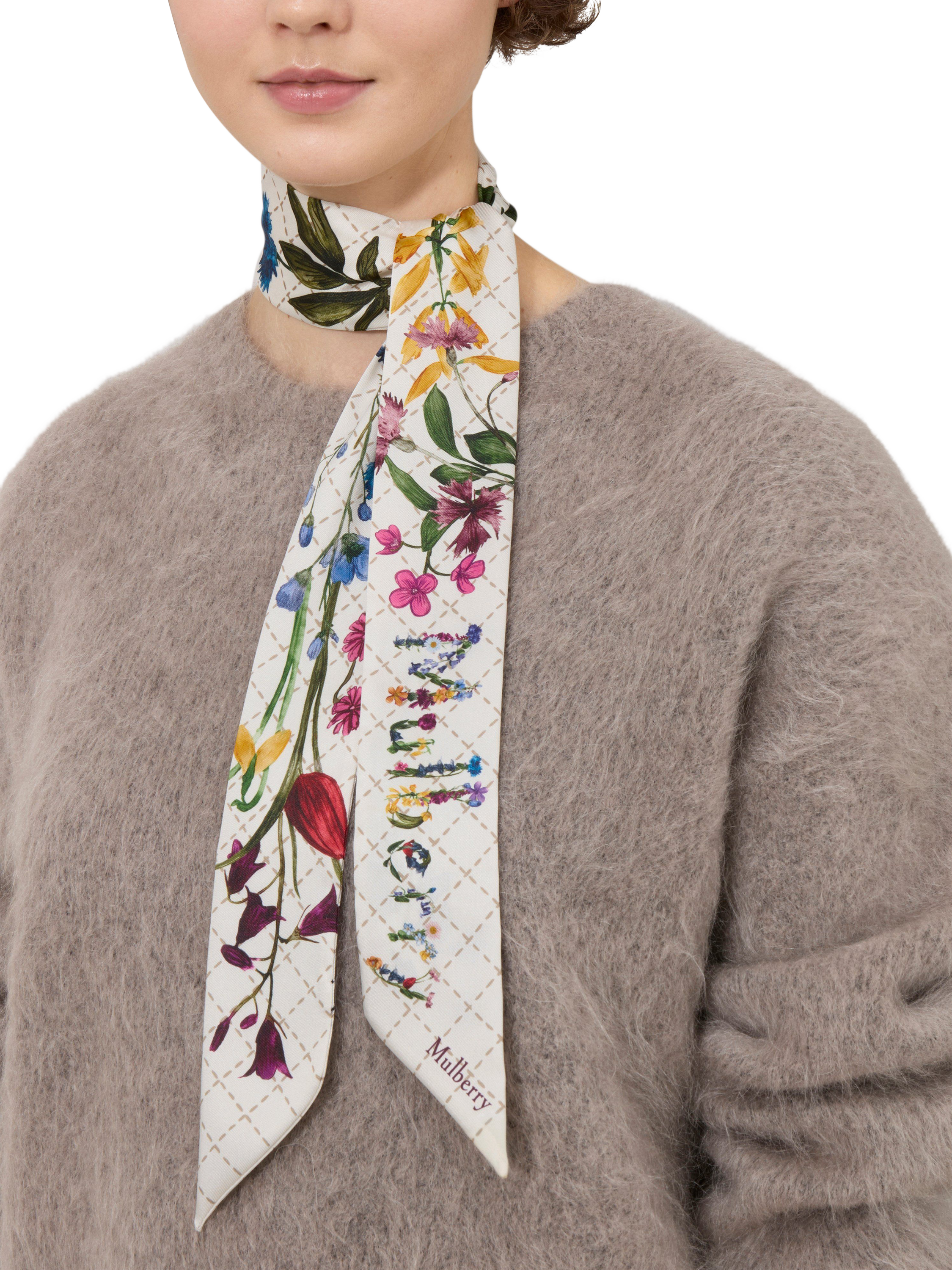 Product image 2 of 2, which shows Mulberry Wild Floral Skinny Scarf, Eggshell/Multi