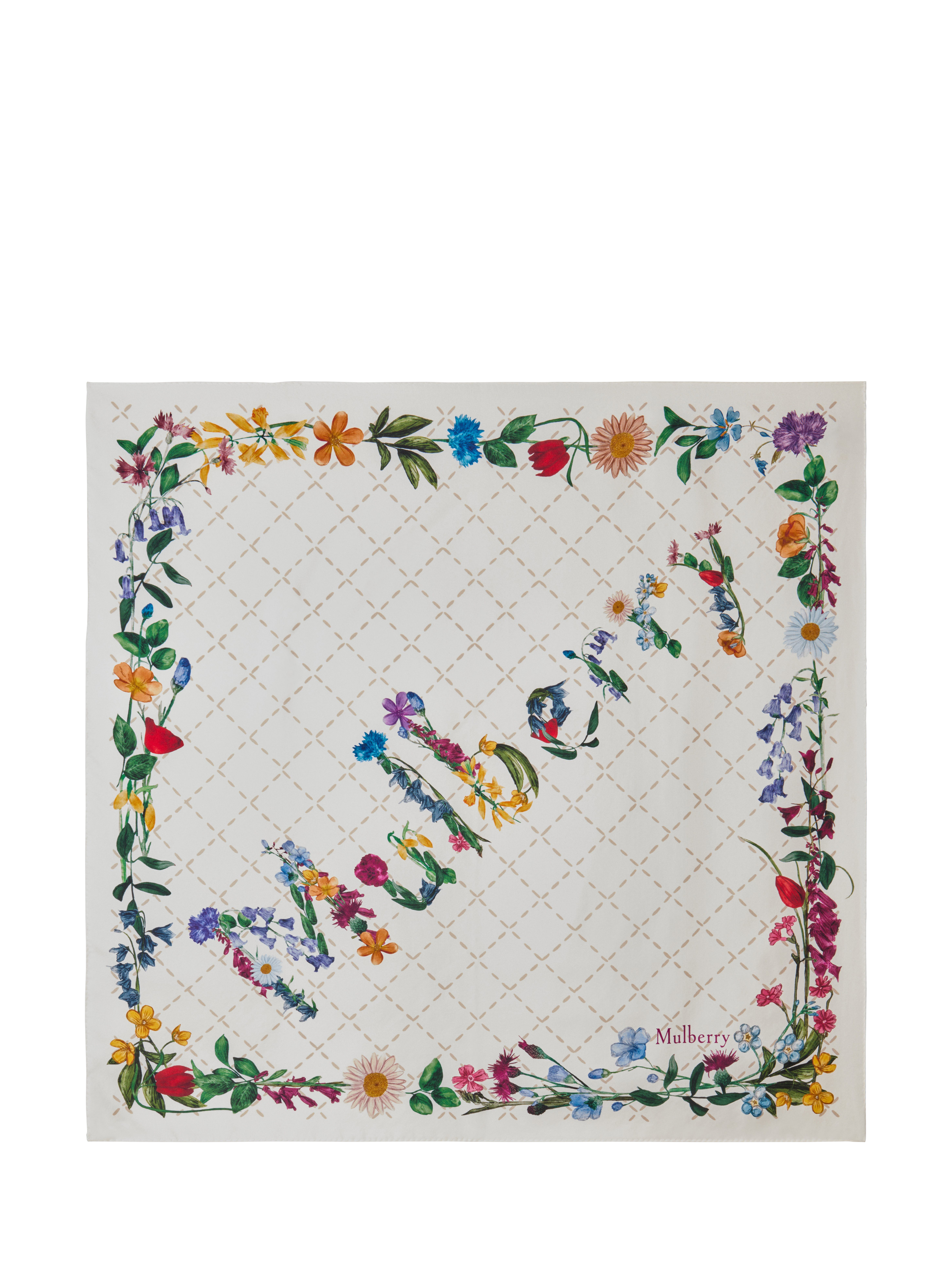 Product image 1 of 3, which shows Mulberry 100% Silk Twill Wild Floral Square Scarf, Eggshell/Multi