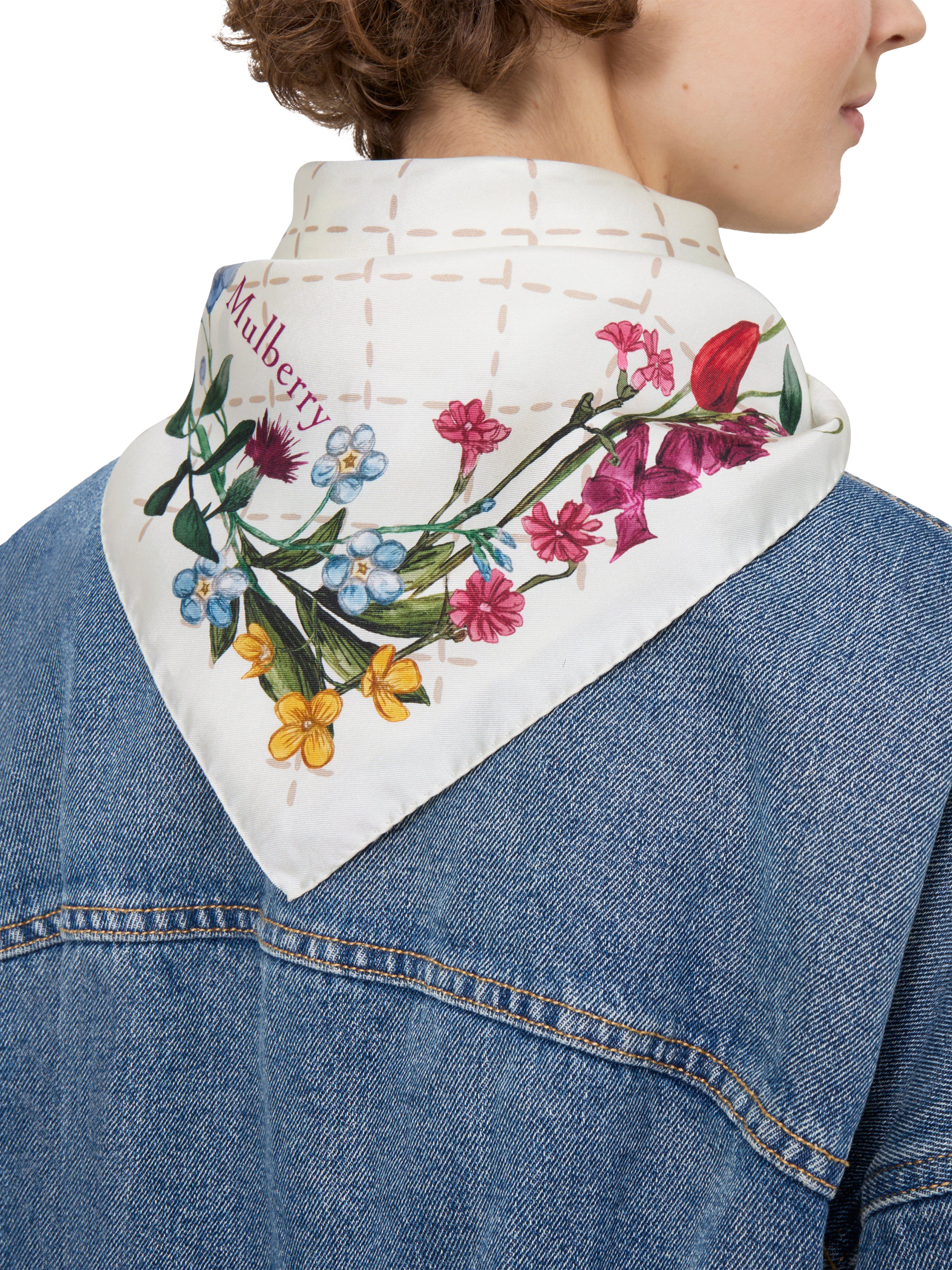 Product image 2 of 3, which shows Mulberry 100% Silk Twill Wild Floral Square Scarf, Eggshell/Multi