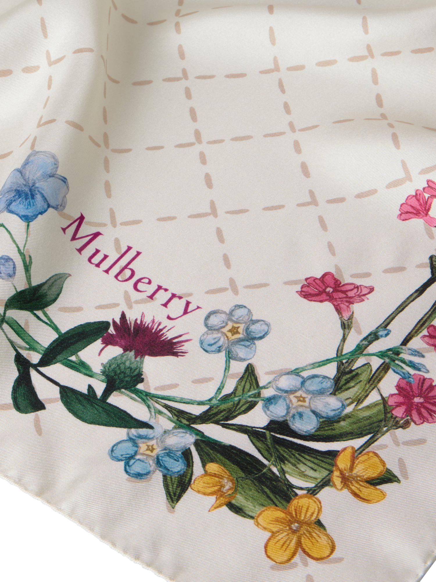 Product image 3 of 3, which shows Mulberry 100% Silk Twill Wild Floral Square Scarf, Eggshell/Multi