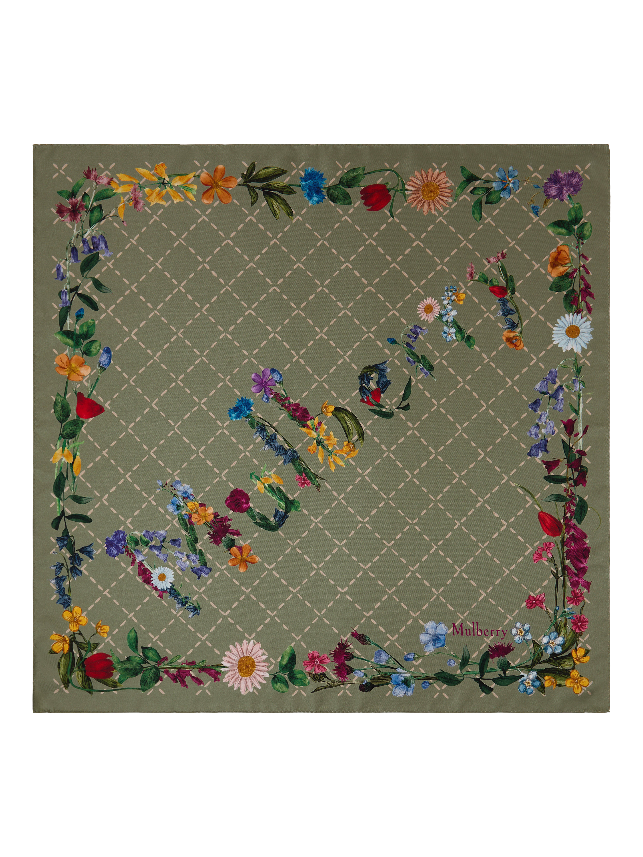 Product image 1 of 2, which shows Mulberry 100% Silk Twill Wild Floral Square Scarf, Linen Green/Multi