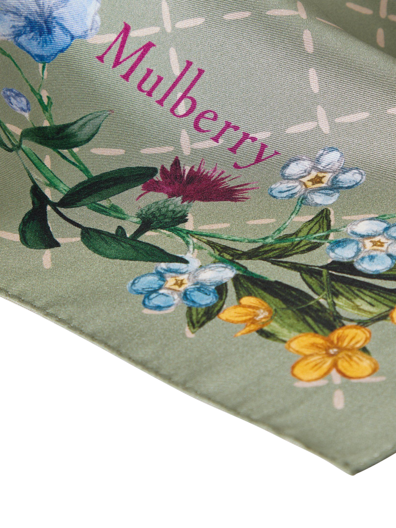 Product image 2 of 2, which shows Mulberry 100% Silk Twill Wild Floral Square Scarf, Linen Green/Multi