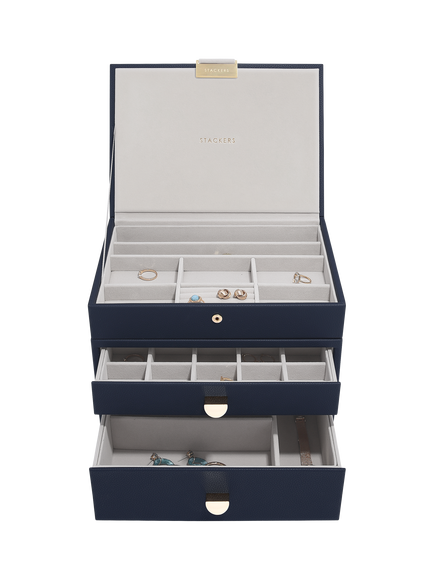 Stackers Faux Leather Classic Jewellery Box 2-Drawer Set, Pebble Navy