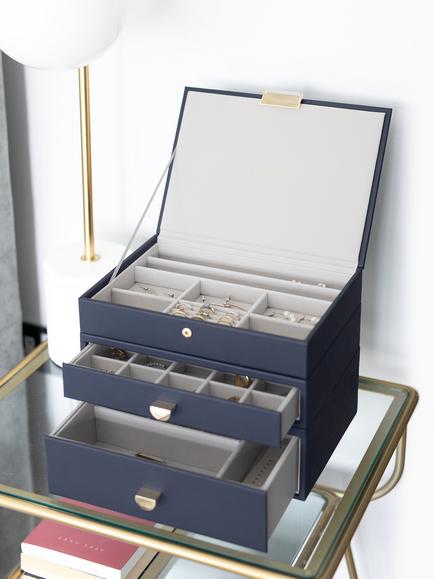 Stackers Faux Leather Classic Jewellery Box 2-Drawer Set - view 2, Pebble Navy