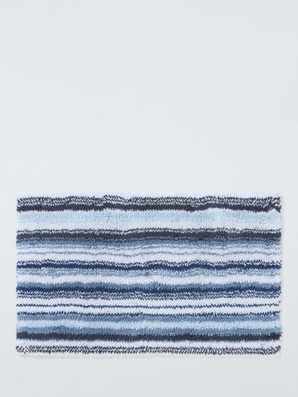 John Lewis Plush Stripe Bath Mat, Blue, Blue Multi