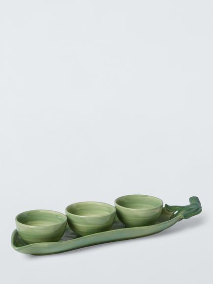 John Lewis X Deliciously Ella Peas in a Pod Hand Painted Stoneware Dip Bowls & Tray, Green, 
