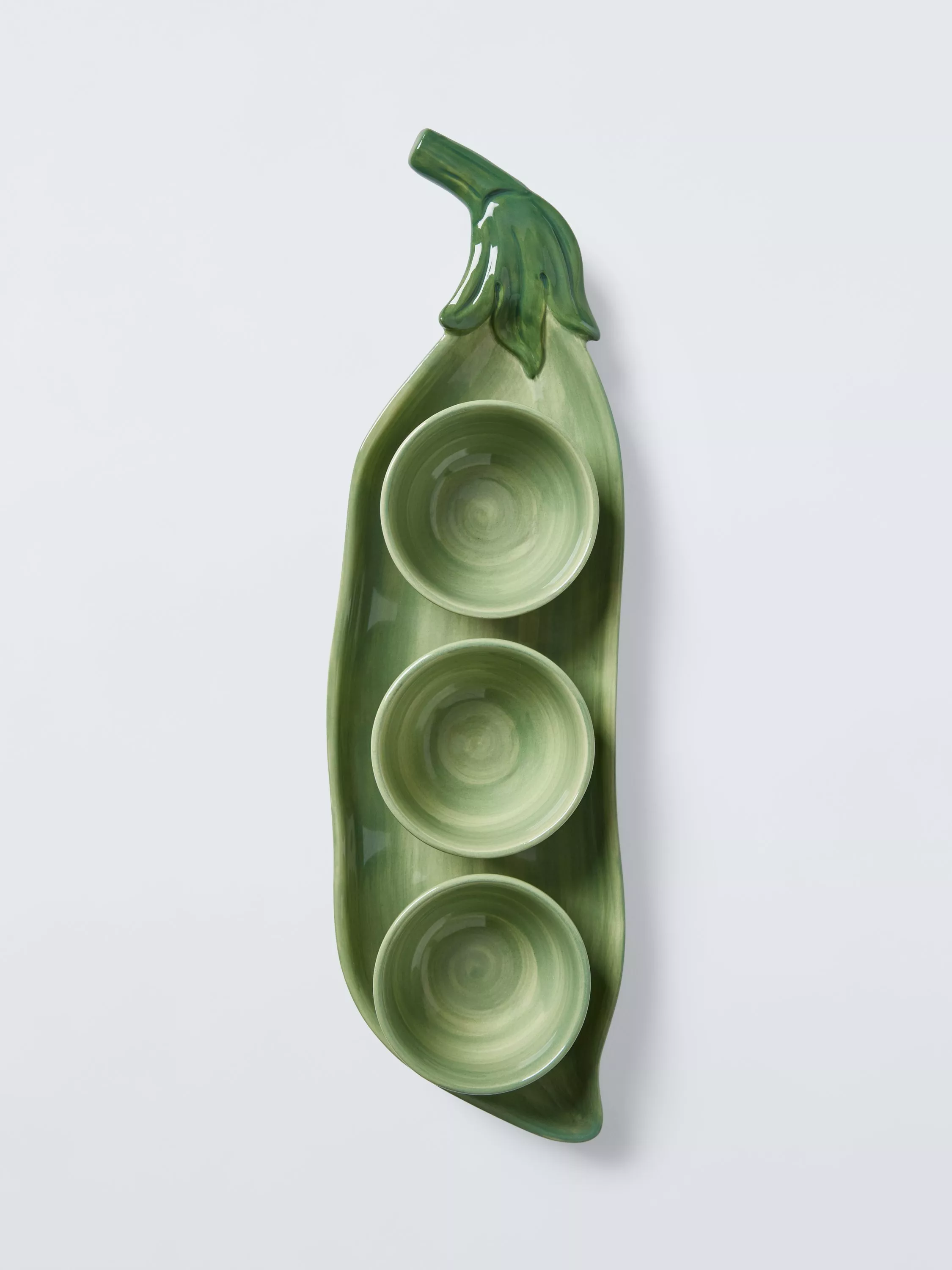 Image of the John Lewis X Deliciously Ella Peas in a Pod Hand Painted Stoneware Dip Bowls & Tray in Green