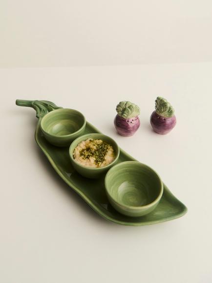 John Lewis X Deliciously Ella Peas in a Pod Hand Painted Stoneware Dip Bowls & Tray, Green - view 2, 