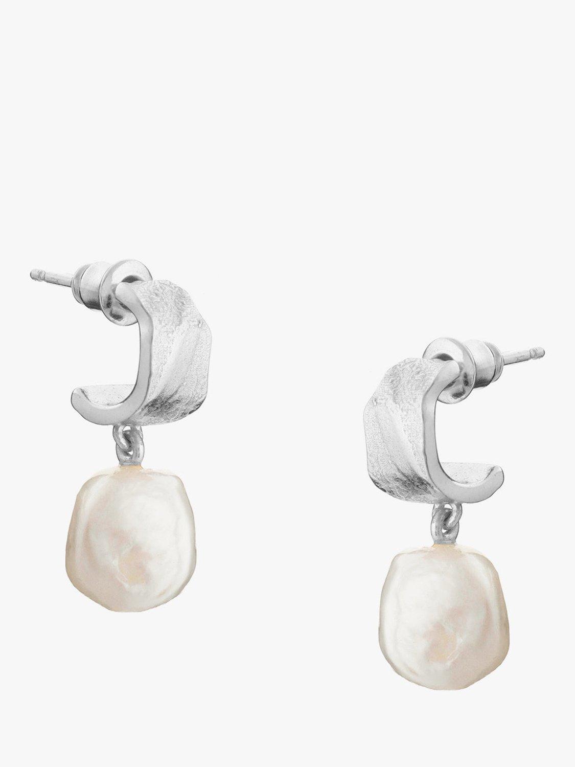 Product image 1 of 3, which shows Tutti & Co Textured Chunky Hoop Earrings with Freshwater Pearl Drop, Silver