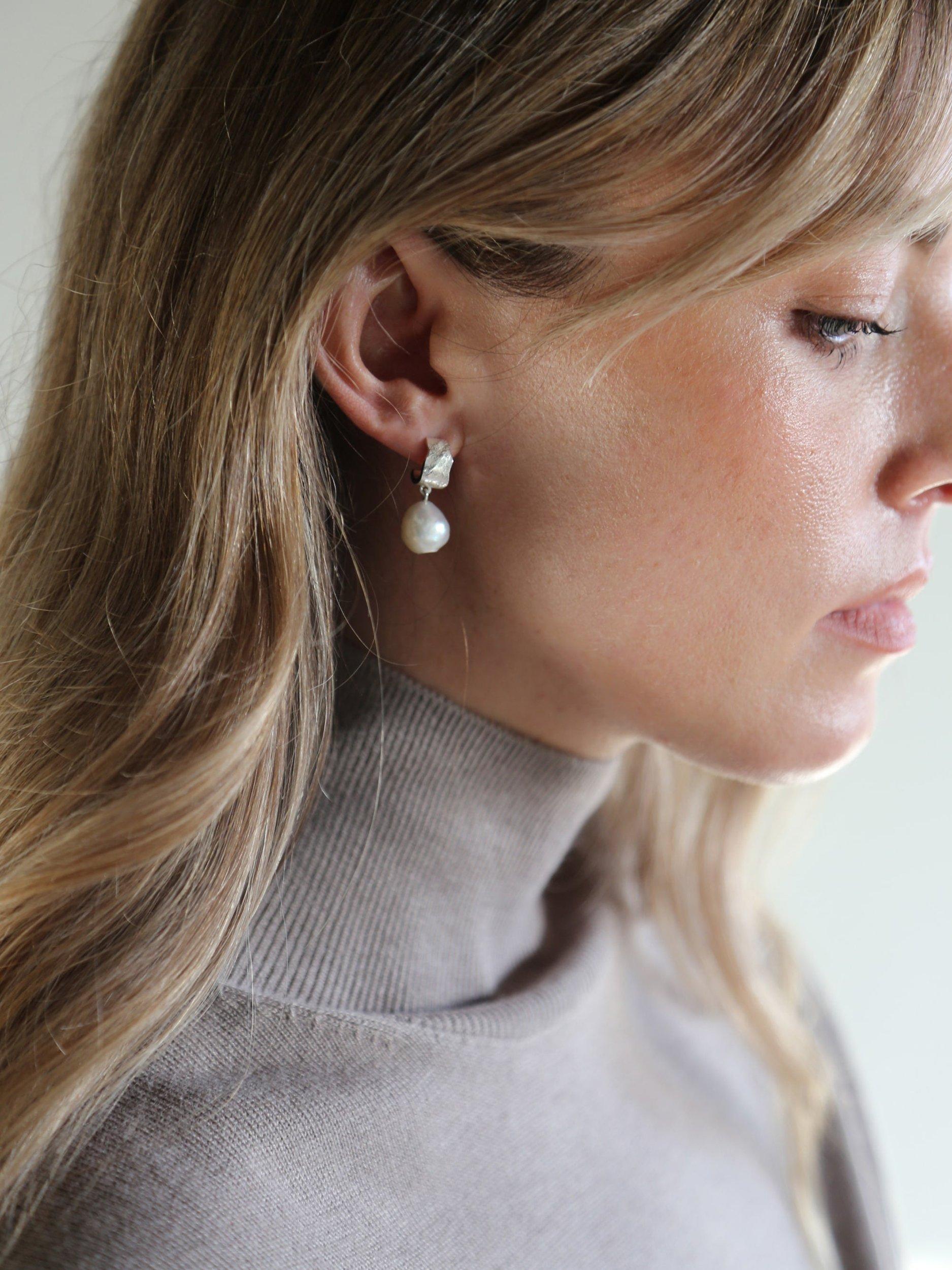 Product image 2 of 3, which shows Tutti & Co Textured Chunky Hoop Earrings with Freshwater Pearl Drop, Silver