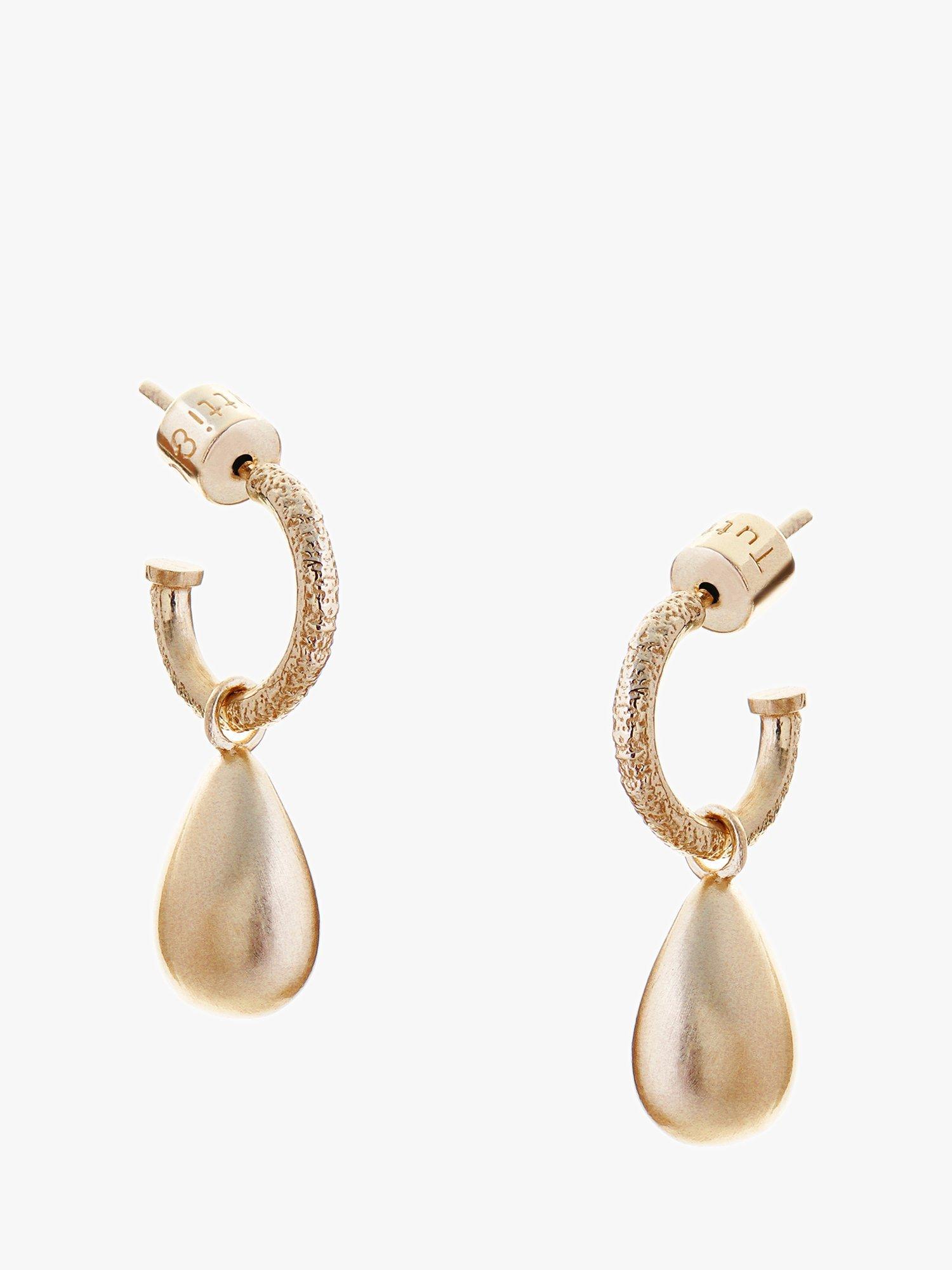 Product image 1 of 2, which shows Tutti & Co Cubic Brushed Finish Dome Drop Hoop Earrings, Gold